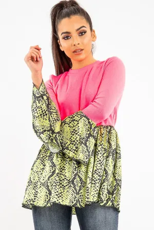 Neon Pink Lime Snake Print Flare Sleeve Peplum Top - Dhara