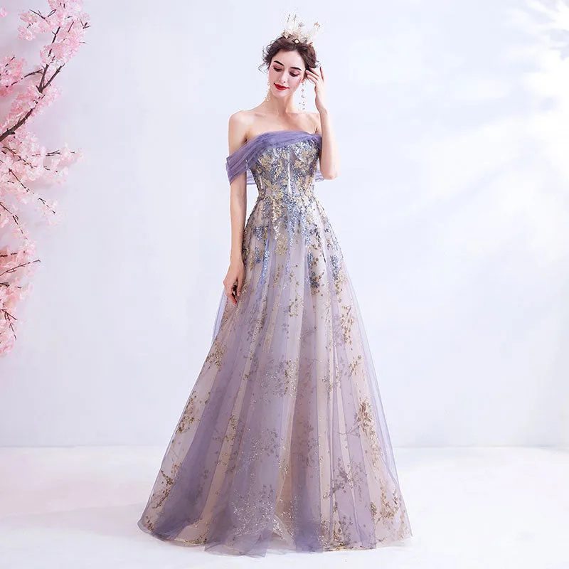 Off The Shoulder Gold Floral Embroidery Ball Gown