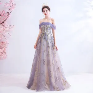 Off The Shoulder Gold Floral Embroidery Ball Gown