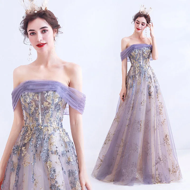 Off The Shoulder Gold Floral Embroidery Ball Gown