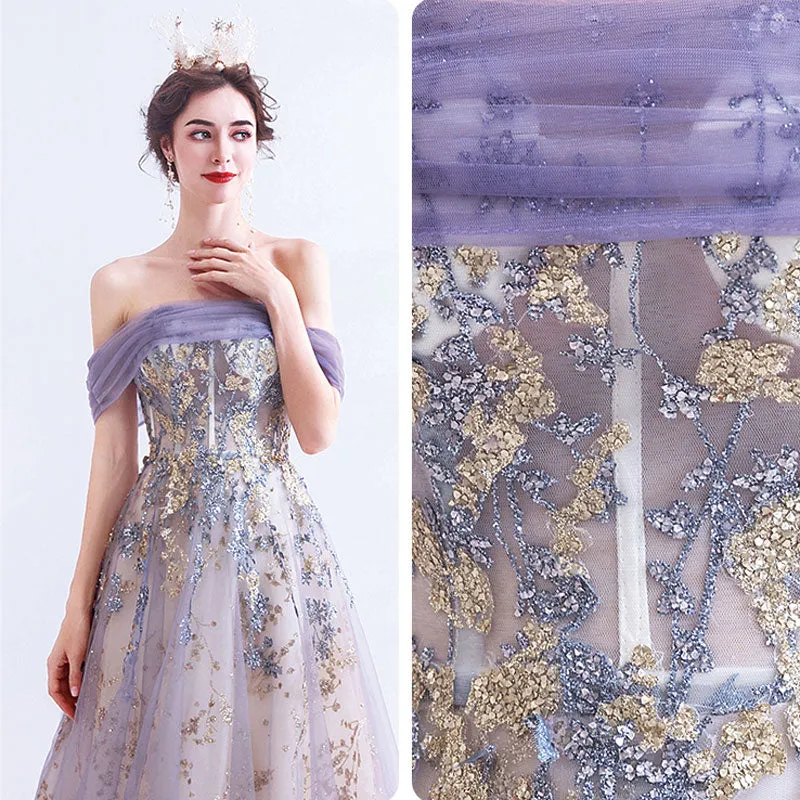 Off The Shoulder Gold Floral Embroidery Ball Gown