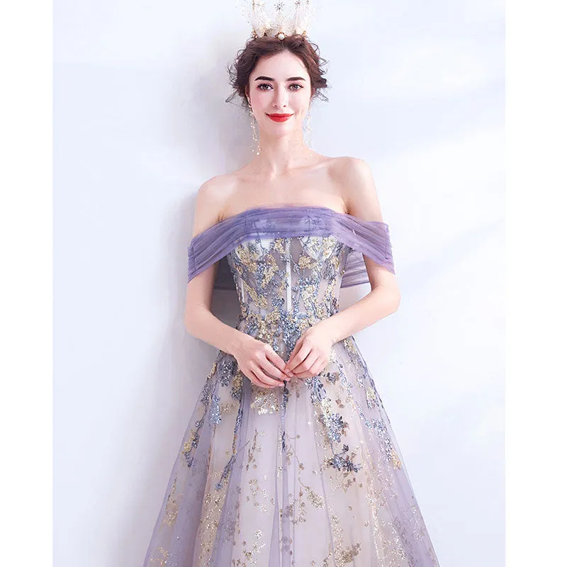 Off The Shoulder Gold Floral Embroidery Ball Gown