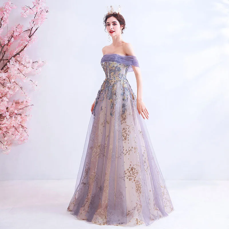 Off The Shoulder Gold Floral Embroidery Ball Gown