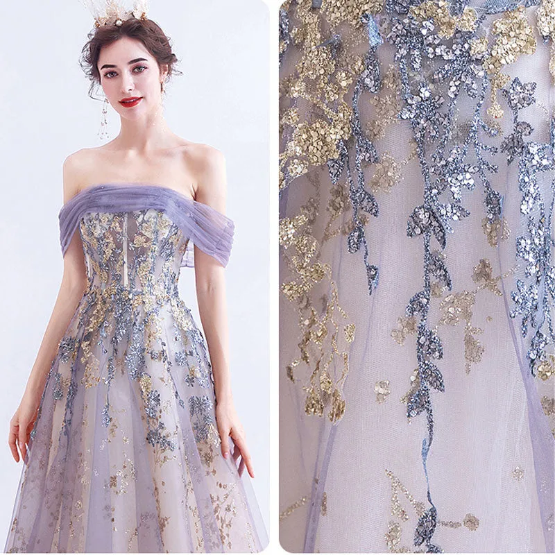Off The Shoulder Gold Floral Embroidery Ball Gown