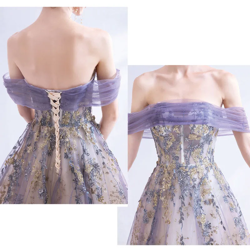 Off The Shoulder Gold Floral Embroidery Ball Gown