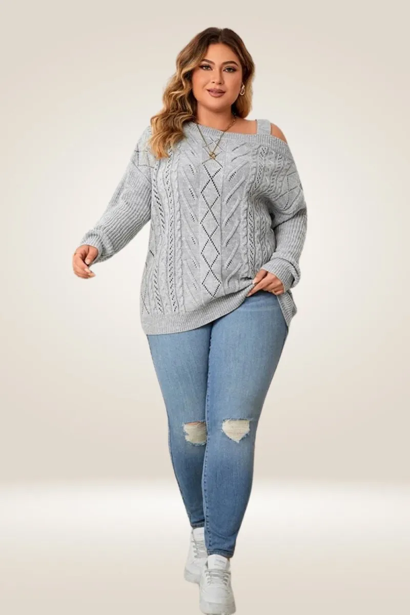 Off The Shoulder Gray Knitted Plus Size Sweater