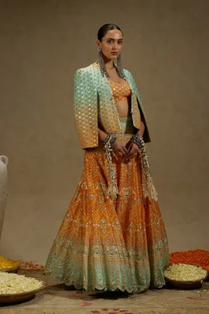 ORANGE BLUE EMBELLISHED NOOR JACKET PAIRED WITH EMBELLISHED BUSTIER AND OMBRE EMBELLISHED LEHENGA