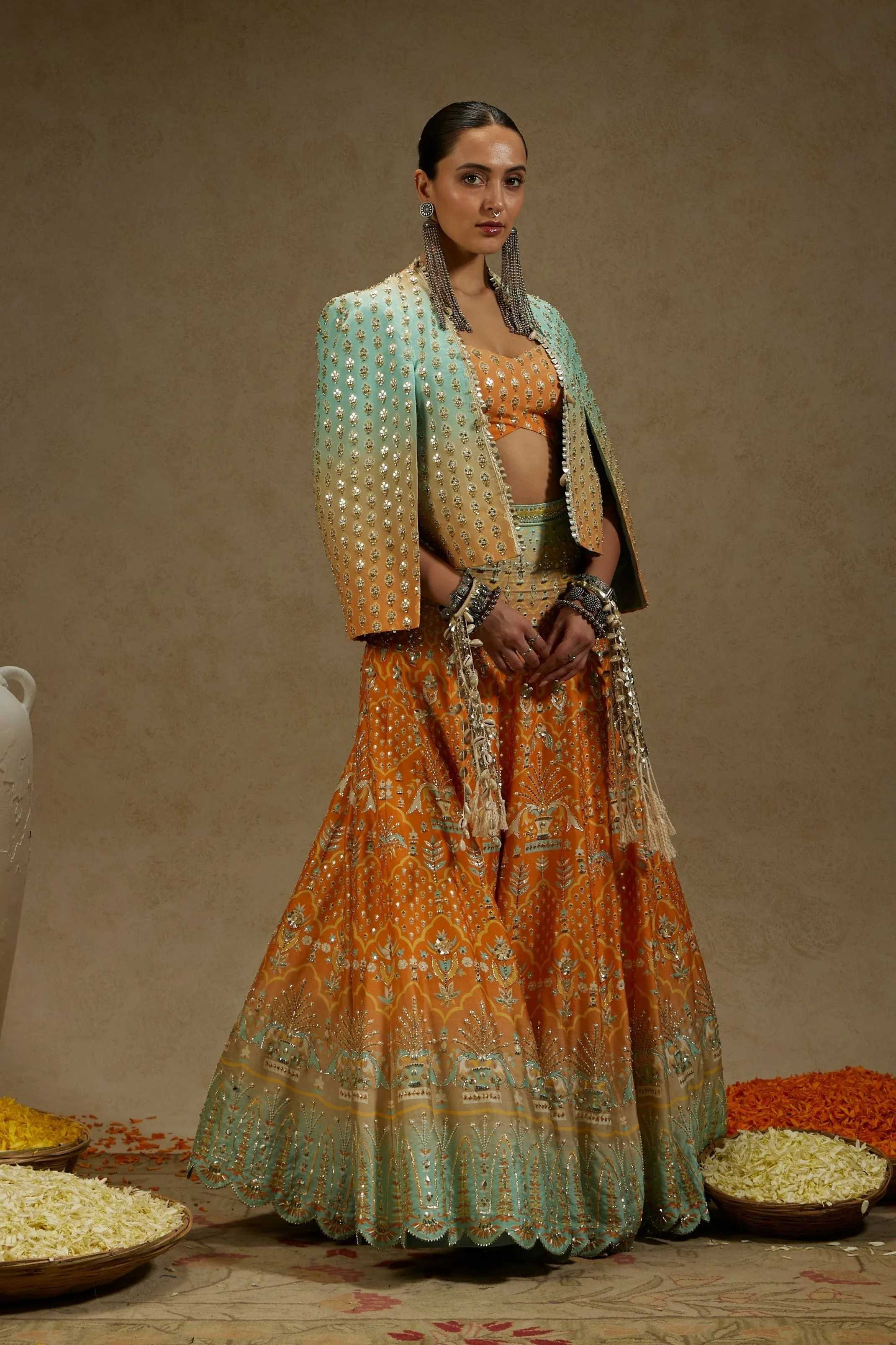 ORANGE BLUE EMBELLISHED NOOR JACKET PAIRED WITH EMBELLISHED BUSTIER AND OMBRE EMBELLISHED LEHENGA