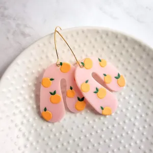Orange Fruit Earrings - large thick pink acrylic u shape arches, gold hoop earrings, orange print earring, 80s earring, chunky earrings