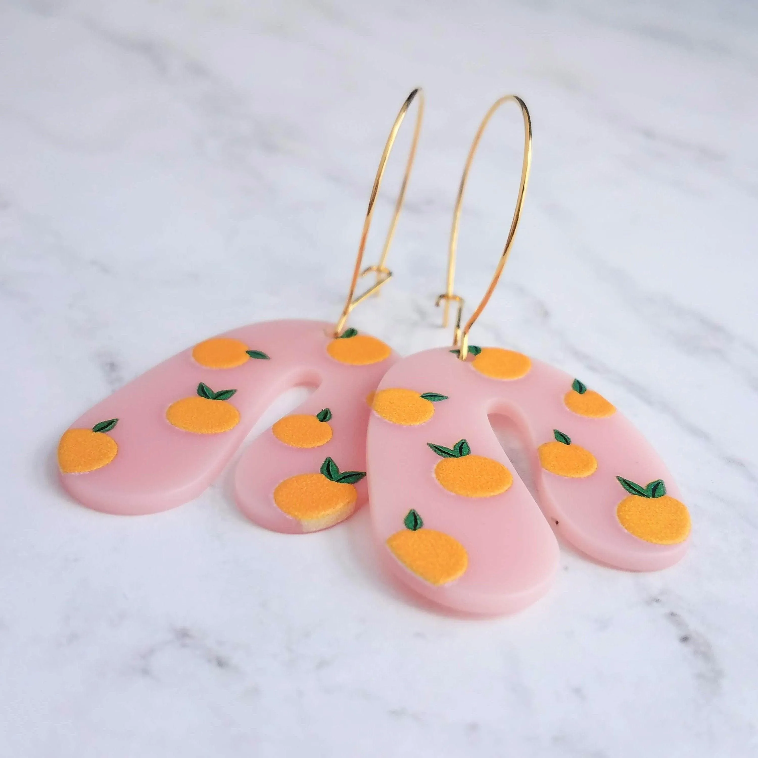 Orange Fruit Earrings - large thick pink acrylic u shape arches, gold hoop earrings, orange print earring, 80s earring, chunky earrings