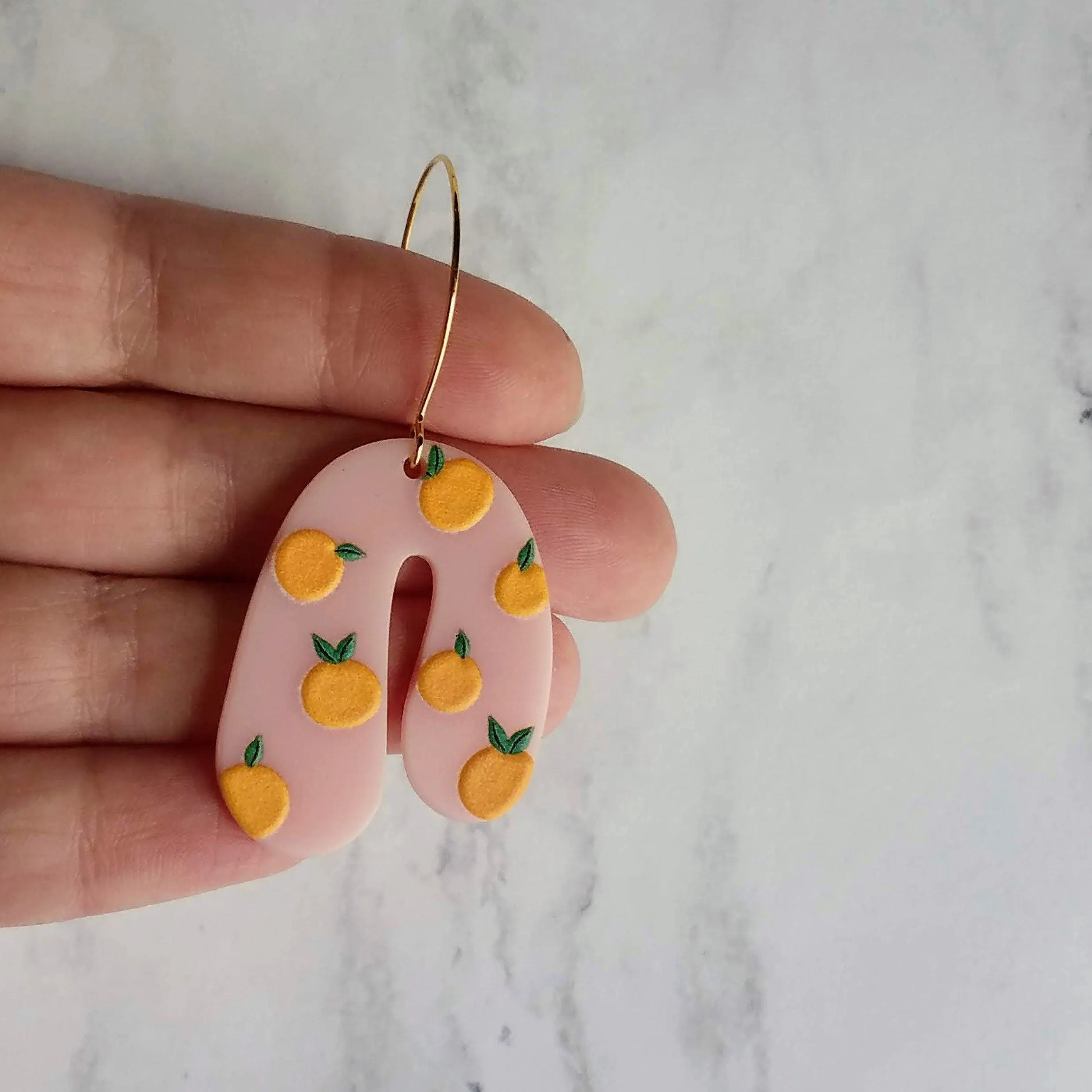 Orange Fruit Earrings - large thick pink acrylic u shape arches, gold hoop earrings, orange print earring, 80s earring, chunky earrings