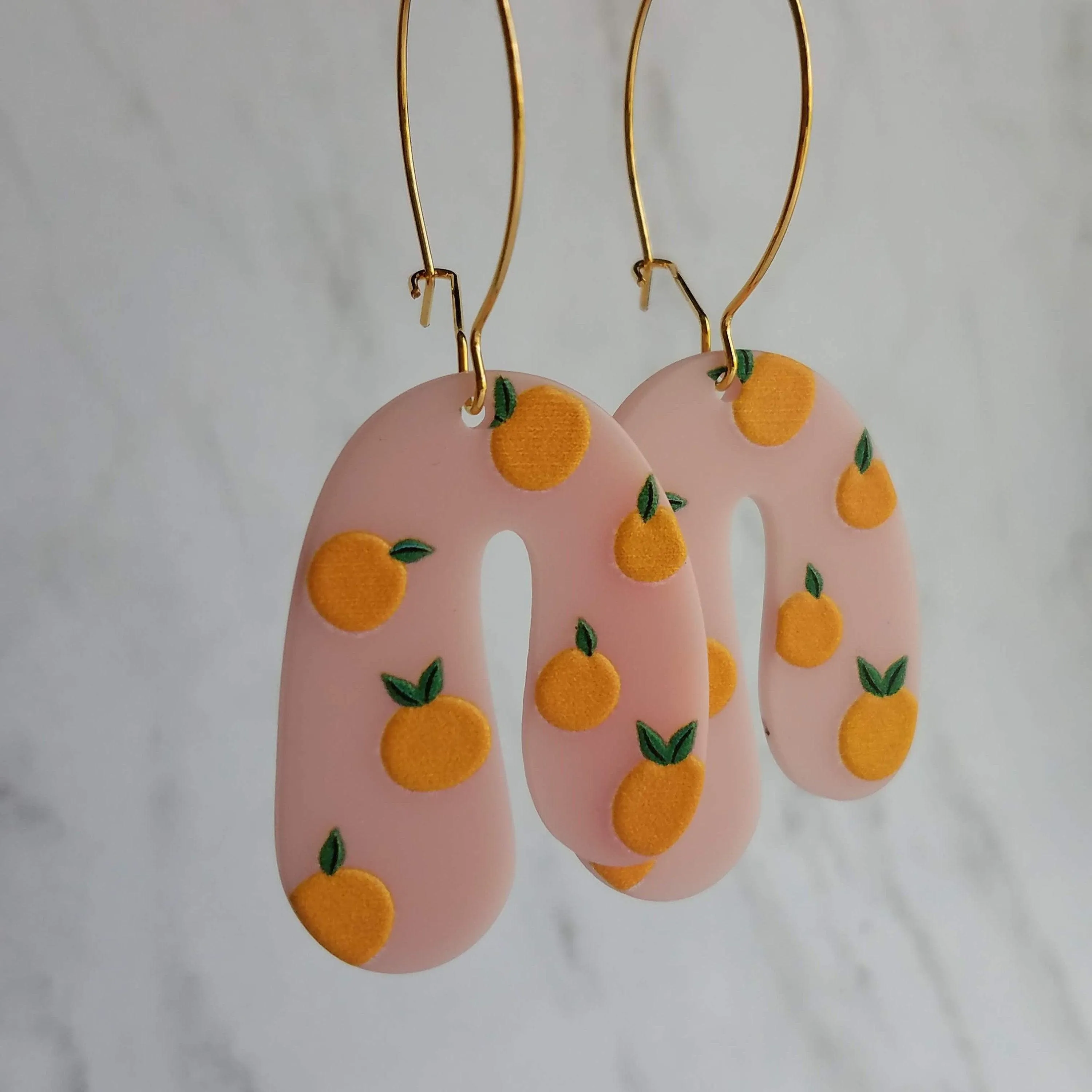 Orange Fruit Earrings - large thick pink acrylic u shape arches, gold hoop earrings, orange print earring, 80s earring, chunky earrings
