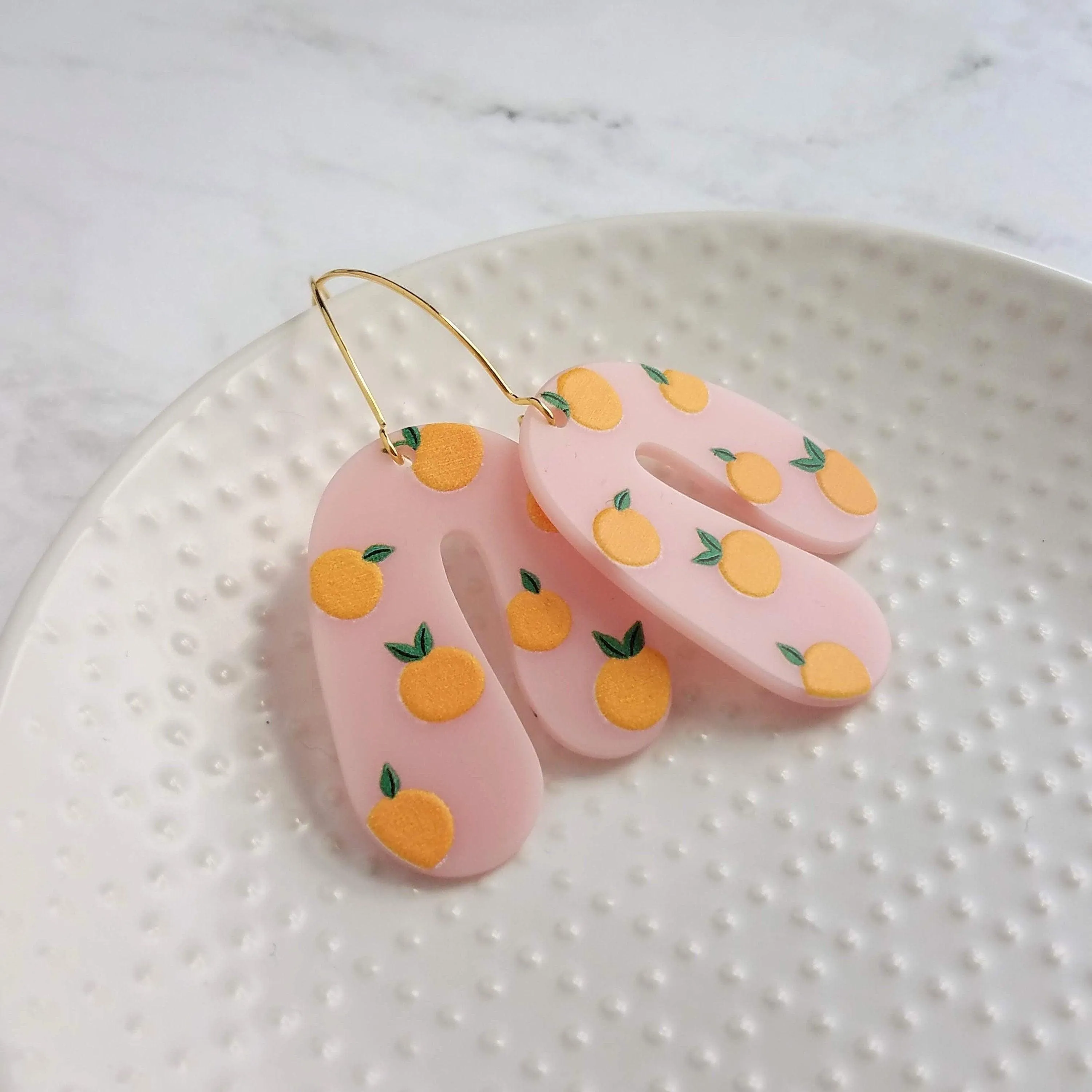 Orange Fruit Earrings - large thick pink acrylic u shape arches, gold hoop earrings, orange print earring, 80s earring, chunky earrings
