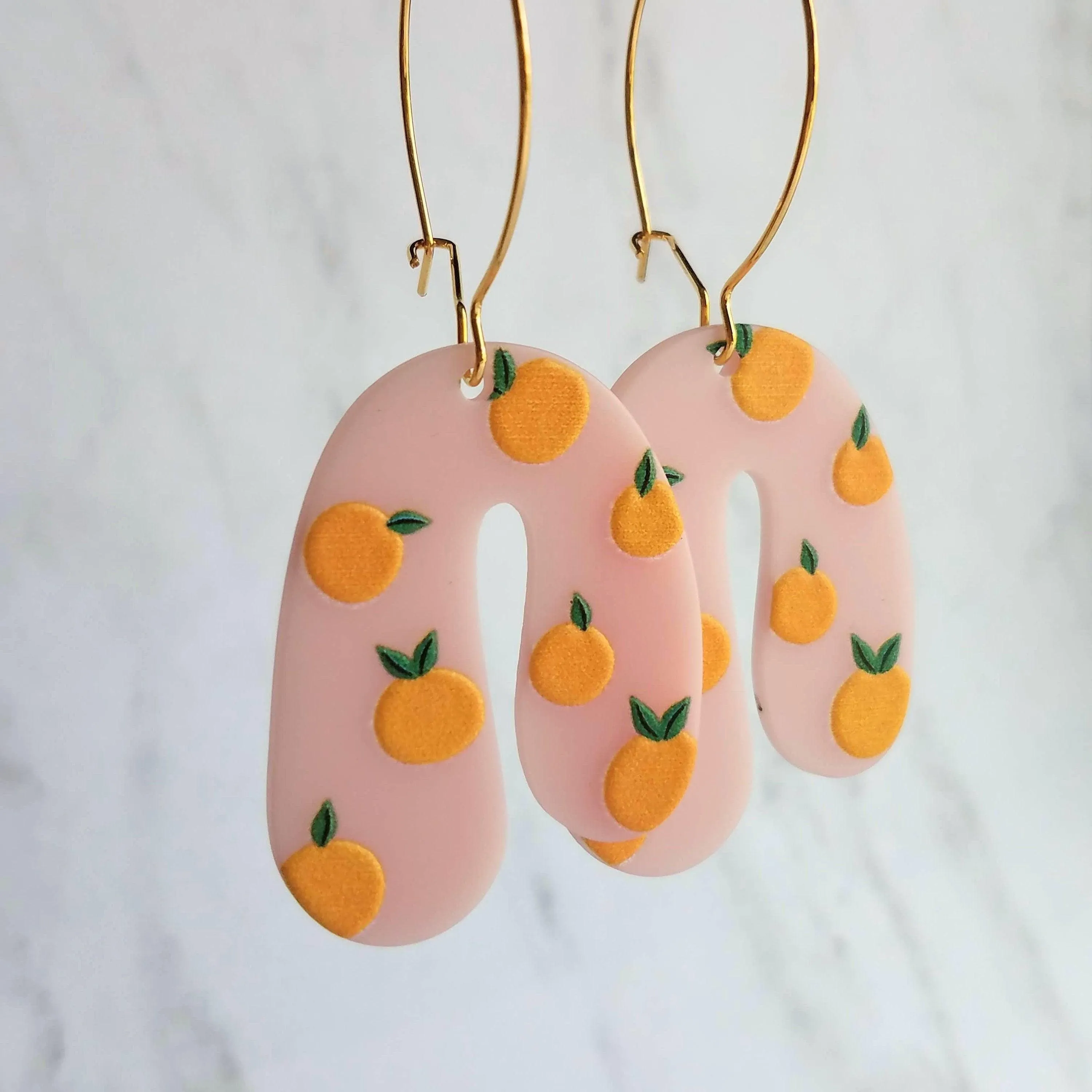 Orange Fruit Earrings - large thick pink acrylic u shape arches, gold hoop earrings, orange print earring, 80s earring, chunky earrings