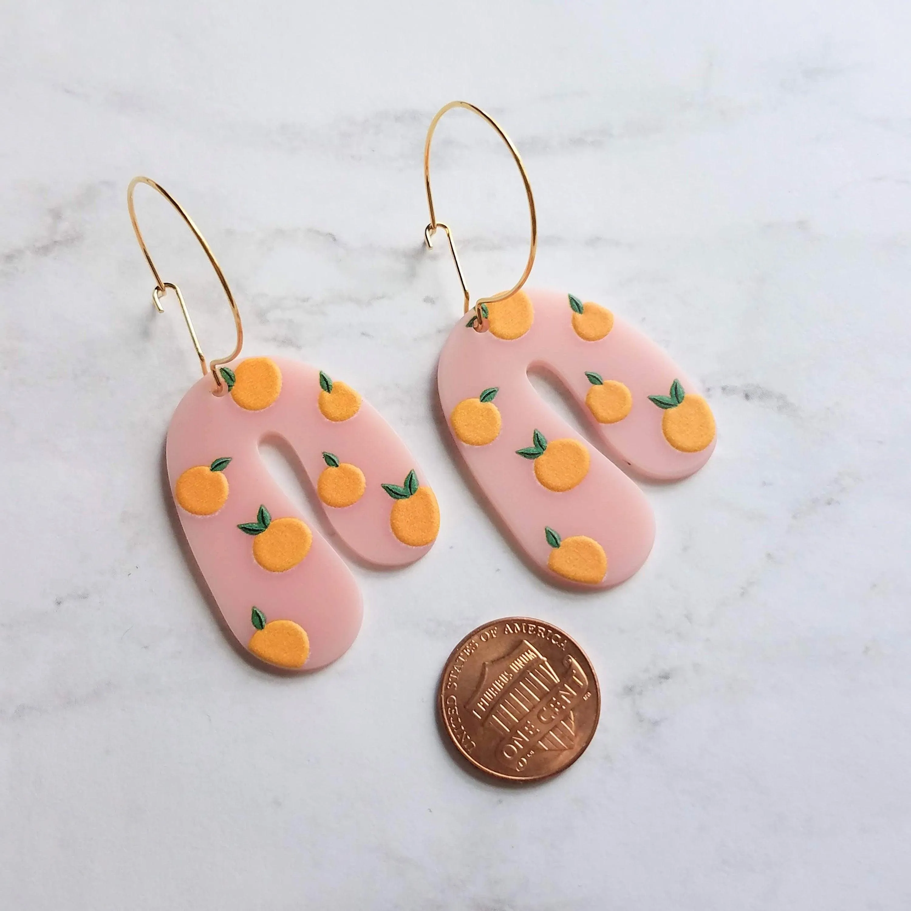 Orange Fruit Earrings - large thick pink acrylic u shape arches, gold hoop earrings, orange print earring, 80s earring, chunky earrings