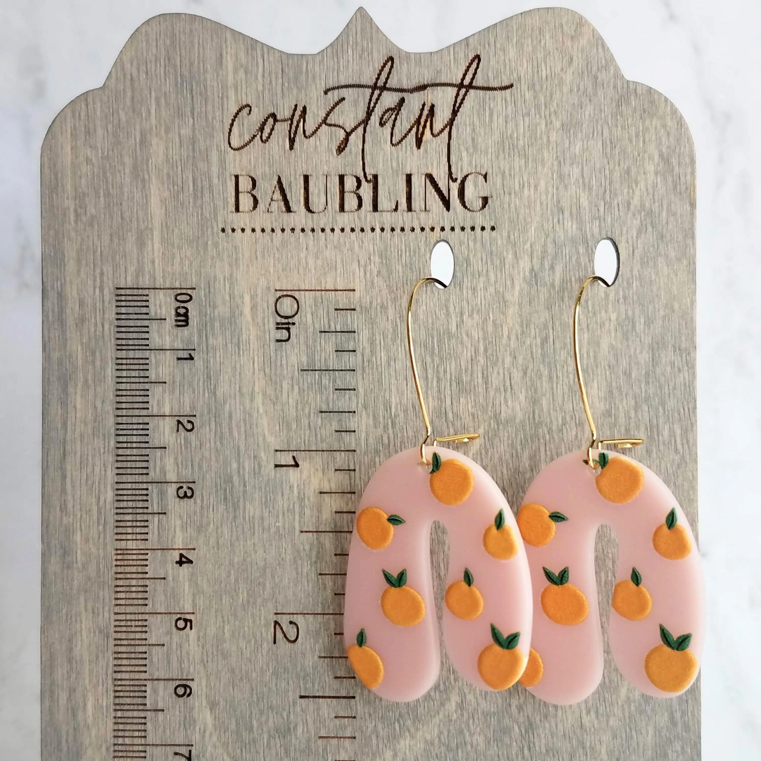 Orange Fruit Earrings - large thick pink acrylic u shape arches, gold hoop earrings, orange print earring, 80s earring, chunky earrings