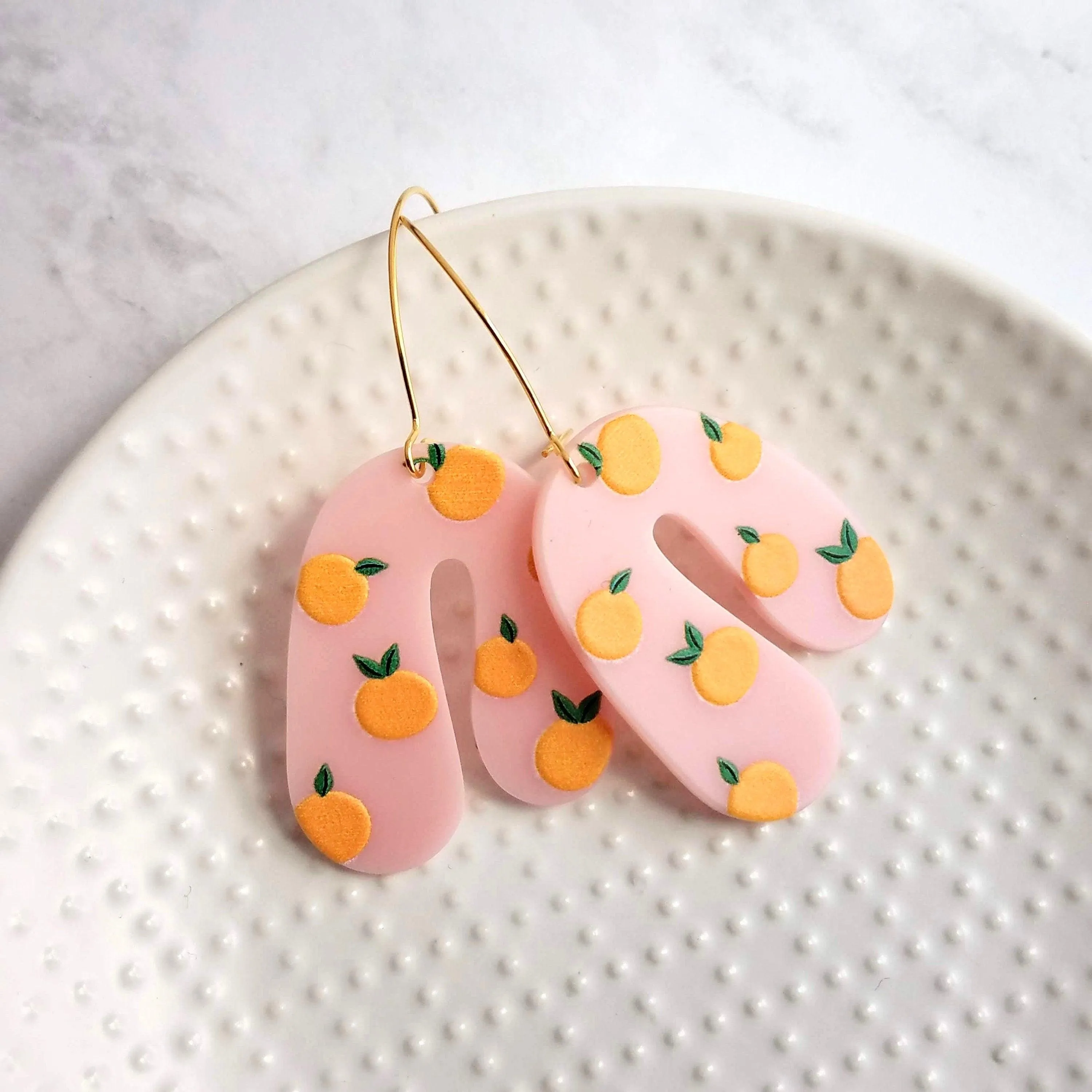 Orange Fruit Earrings - large thick pink acrylic u shape arches, gold hoop earrings, orange print earring, 80s earring, chunky earrings