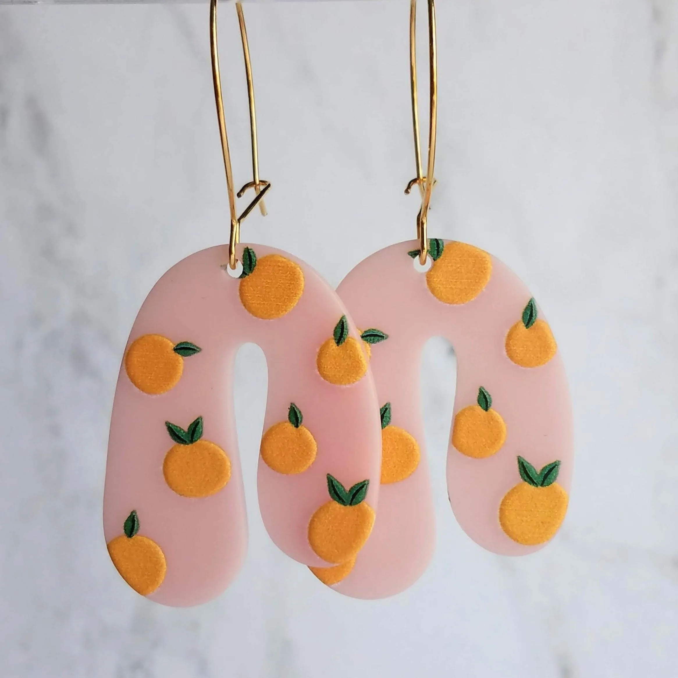Orange Fruit Earrings - large thick pink acrylic u shape arches, gold hoop earrings, orange print earring, 80s earring, chunky earrings