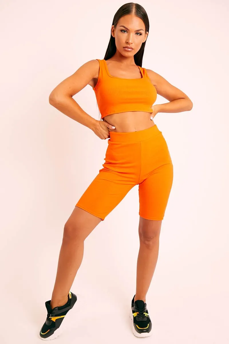 Orange Ribbed Crop Top and Cycling Shorts Co-ord - Nina