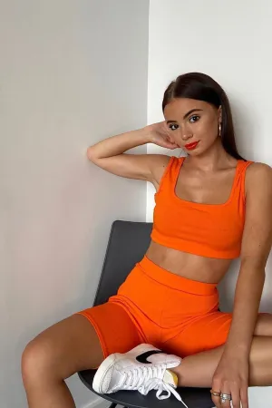 Orange Ribbed Crop Top and Cycling Shorts Co-ord - Nina