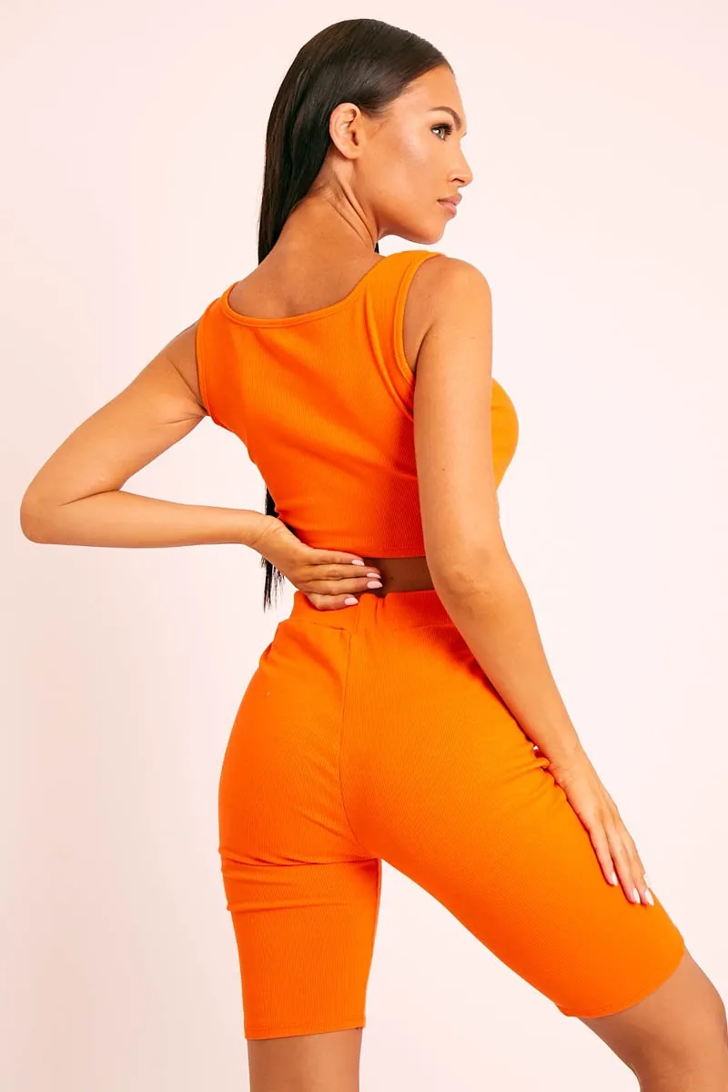 Orange Ribbed Crop Top and Cycling Shorts Co-ord - Nina