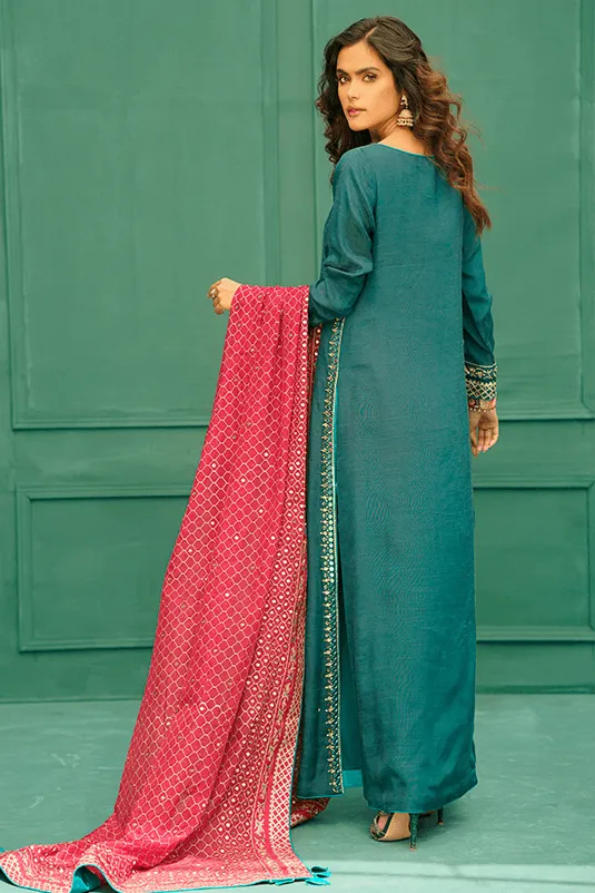 Pakistani Eid Dresses in Blue Long Kameez Trouser Style