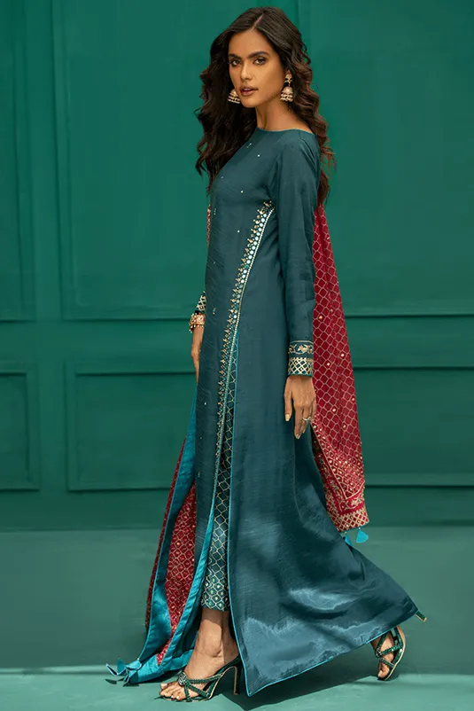 Pakistani Eid Dresses in Blue Long Kameez Trouser Style