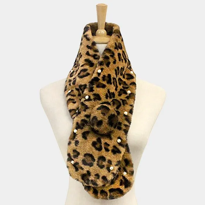 Pearl Embellished Leopard Faux Fur Pom Pom Pull Through Scarf