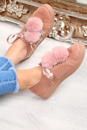Pink Faux Suede Pom Pom Trainers - Ellany