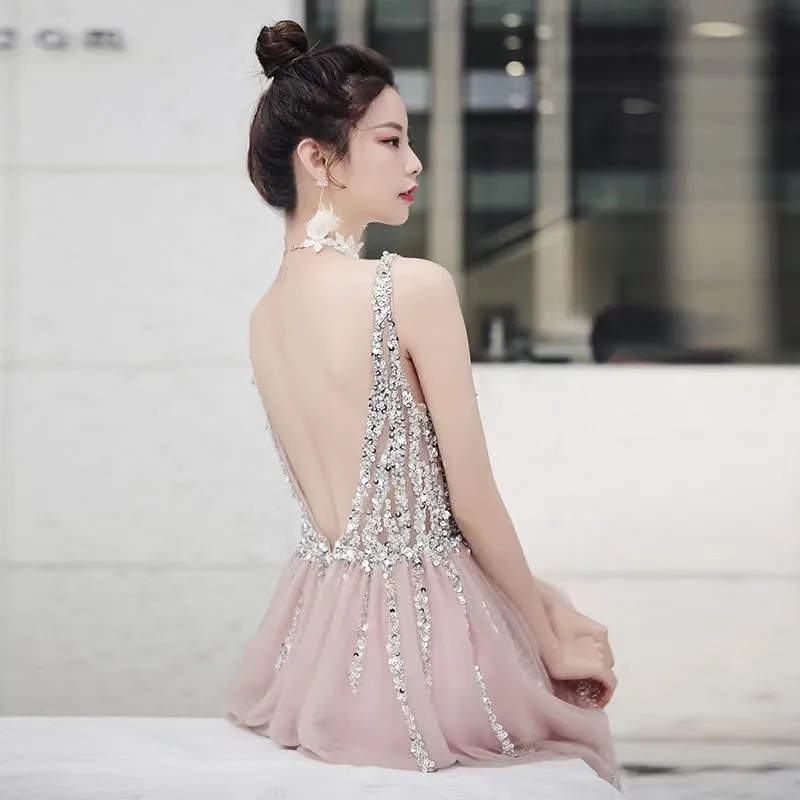 Pink Sequins V Back Beaded and Sequins A-line Tulle Party Dress, Pink Prom Dress Evening Dress