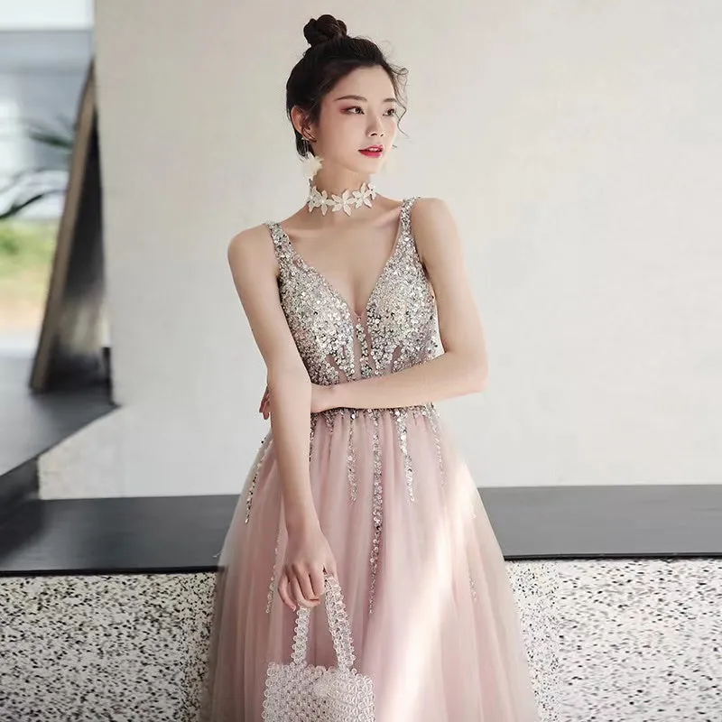 Pink Sequins V Back Beaded and Sequins A-line Tulle Party Dress, Pink Prom Dress Evening Dress