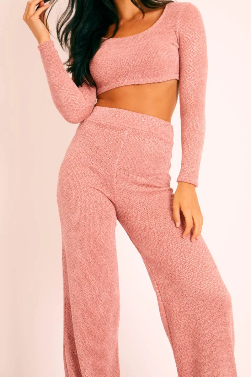 Pink Velour Crop Top Wide Leg Trouser Co-Ord - Salina