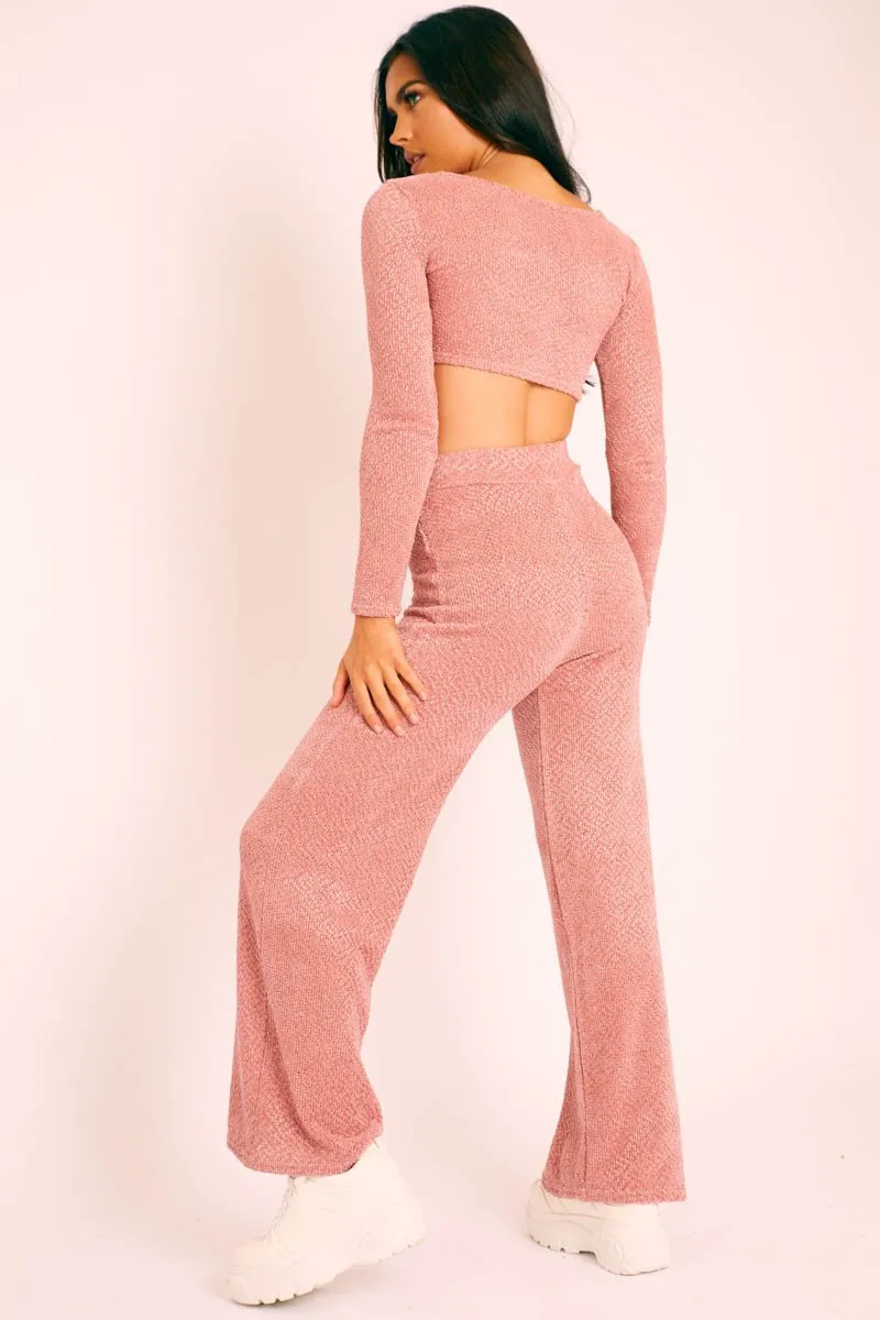 Pink Velour Crop Top Wide Leg Trouser Co-Ord - Salina