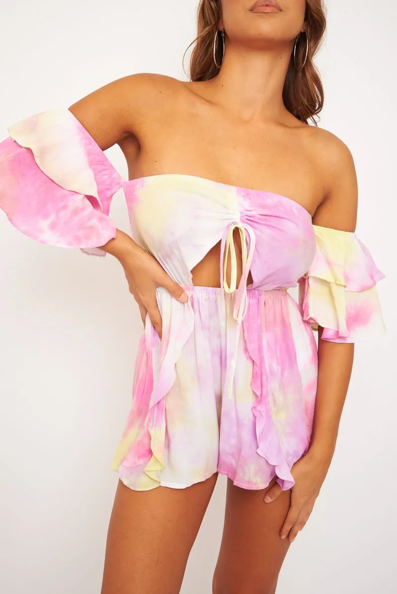 Pink Yellow Tie Dye Frill Detail Cut Out Playsuit - Jaira