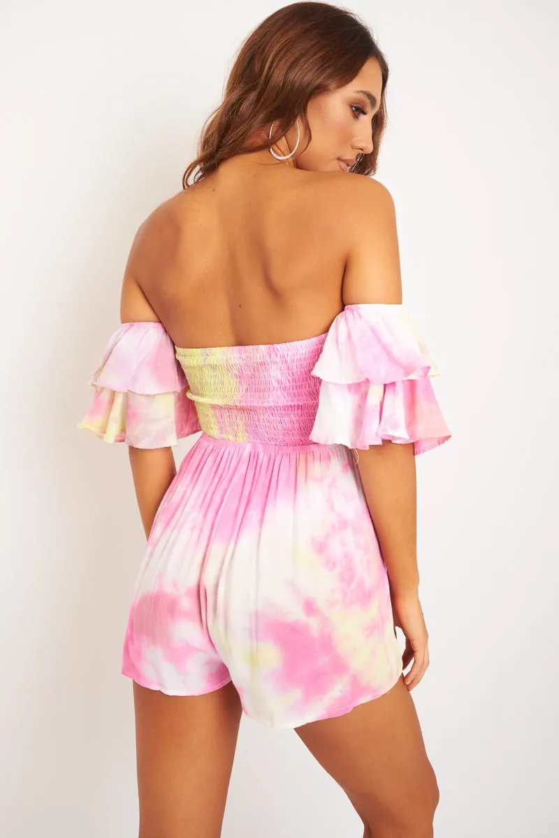 Pink Yellow Tie Dye Frill Detail Cut Out Playsuit - Jaira