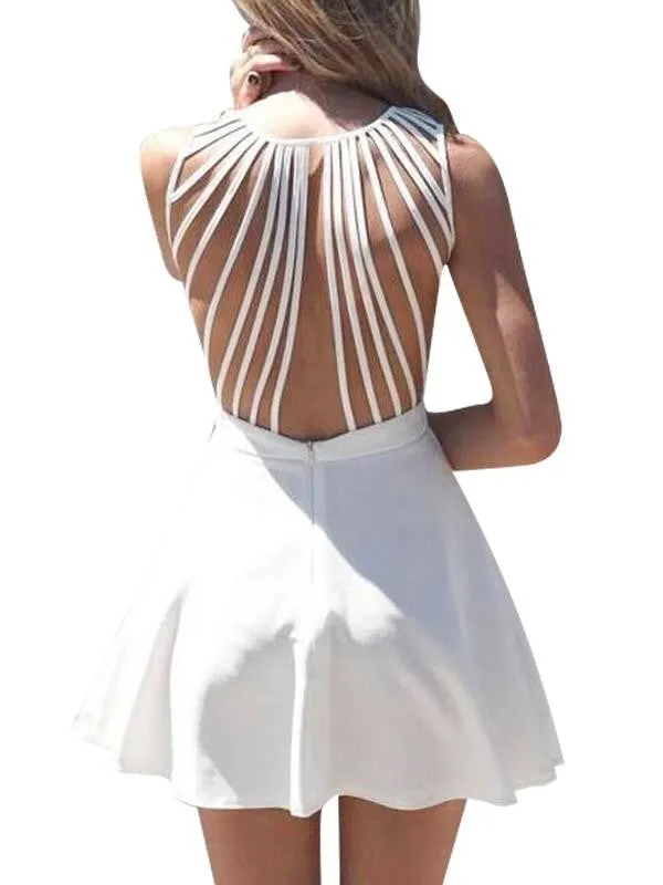 Pure V neck white strappy back sleeveless skater dress