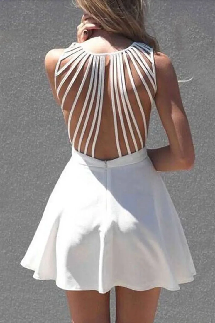 Pure V neck white strappy back sleeveless skater dress