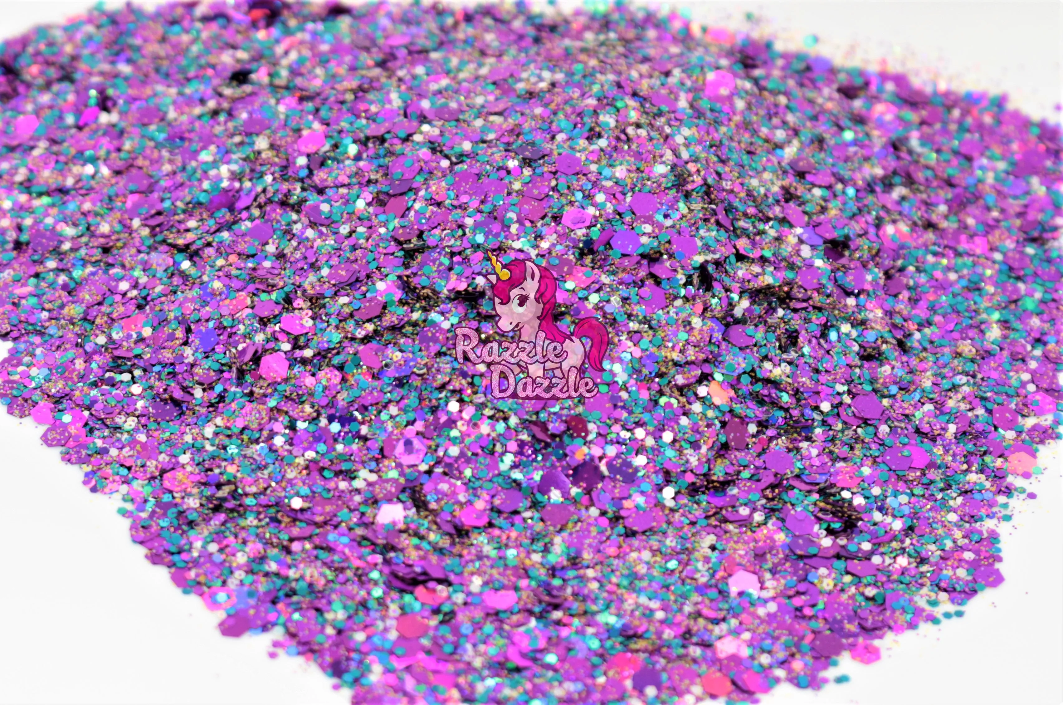 Razzle Dazzle Galaxy Chunky mix of Purple, Teal, Silver, Hexes & Hearts | Waterproof Glitter, Sparkles color for Arts & Crafts, DIY, Projects | Shimmer Powder