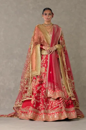 Red Bagh-E-Bahar Lehenga Without Trail & One Dupatta