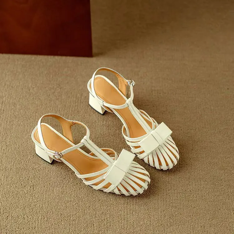 Roman Chunky Heel Hollow Bow Sandals For Women Authentic Leather Toe Box T Shape