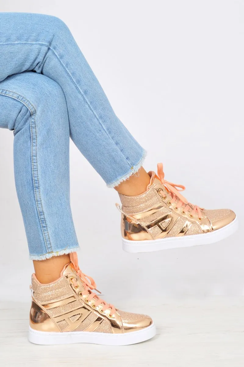 Rose Gold Metallic and Shimmer Effect High Top Lace Up Trainers - Dessie