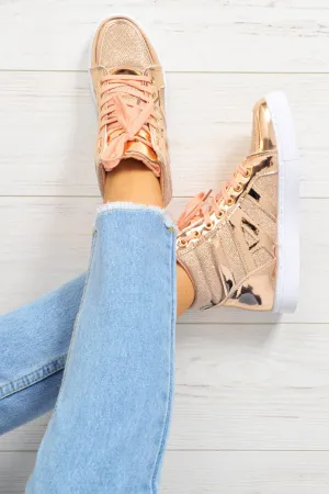 Rose Gold Metallic and Shimmer Effect High Top Lace Up Trainers - Dessie