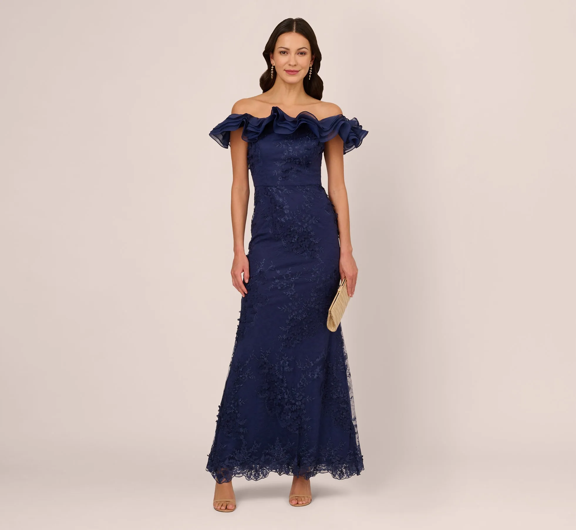 Ruffle Off The Shoulder Floral Lace Gown In Light Navy