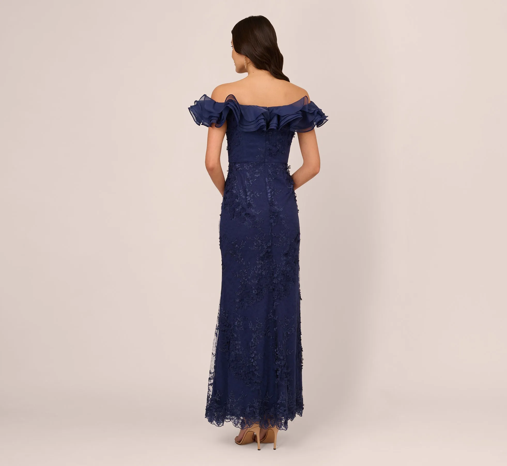 Ruffle Off The Shoulder Floral Lace Gown In Light Navy