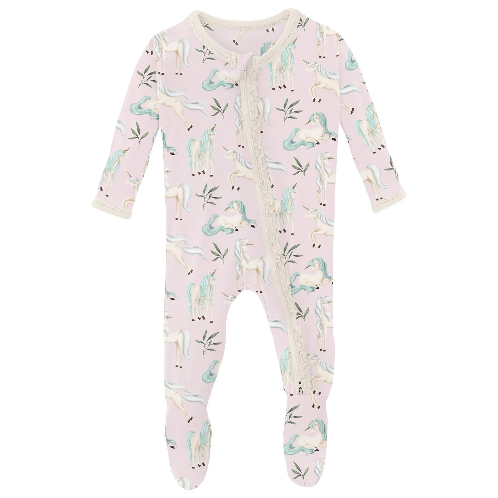 Ruffle Zipper Footie | Violet Sleeping Unicorns