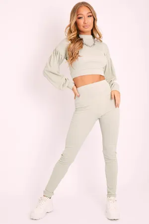 Sage Ribbed Puff Sleeve Top Loungewear Co-ord - Effy