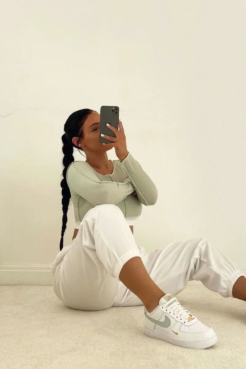 Sage White Contrast Stitch Ribbed Crop Top - Candice
