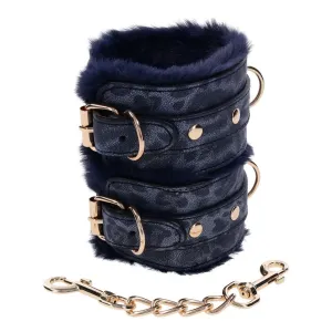Sex & Mischief Cougar Fur Handcuffs - Navy Blue/Gold