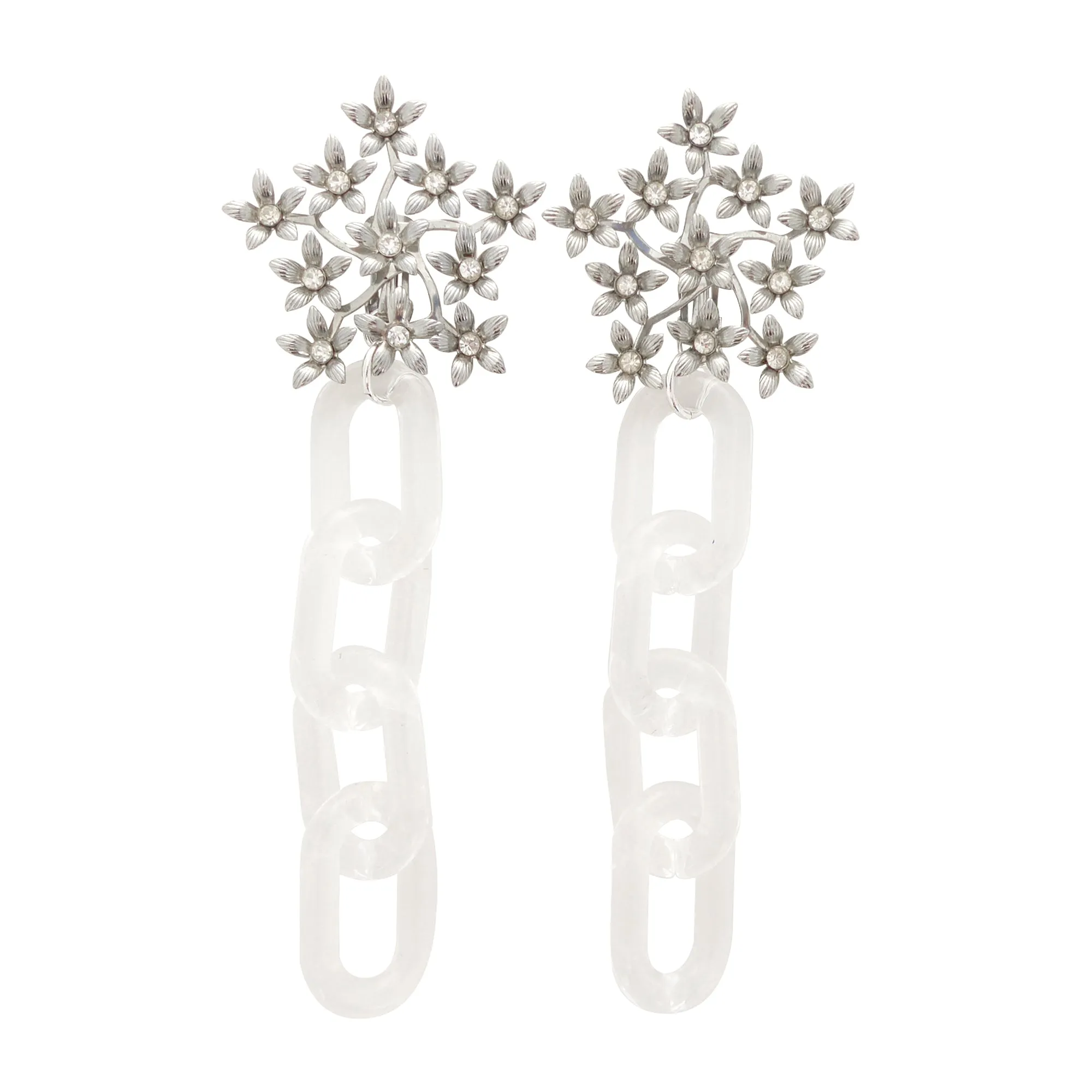 Silver flower and clear chain earrings