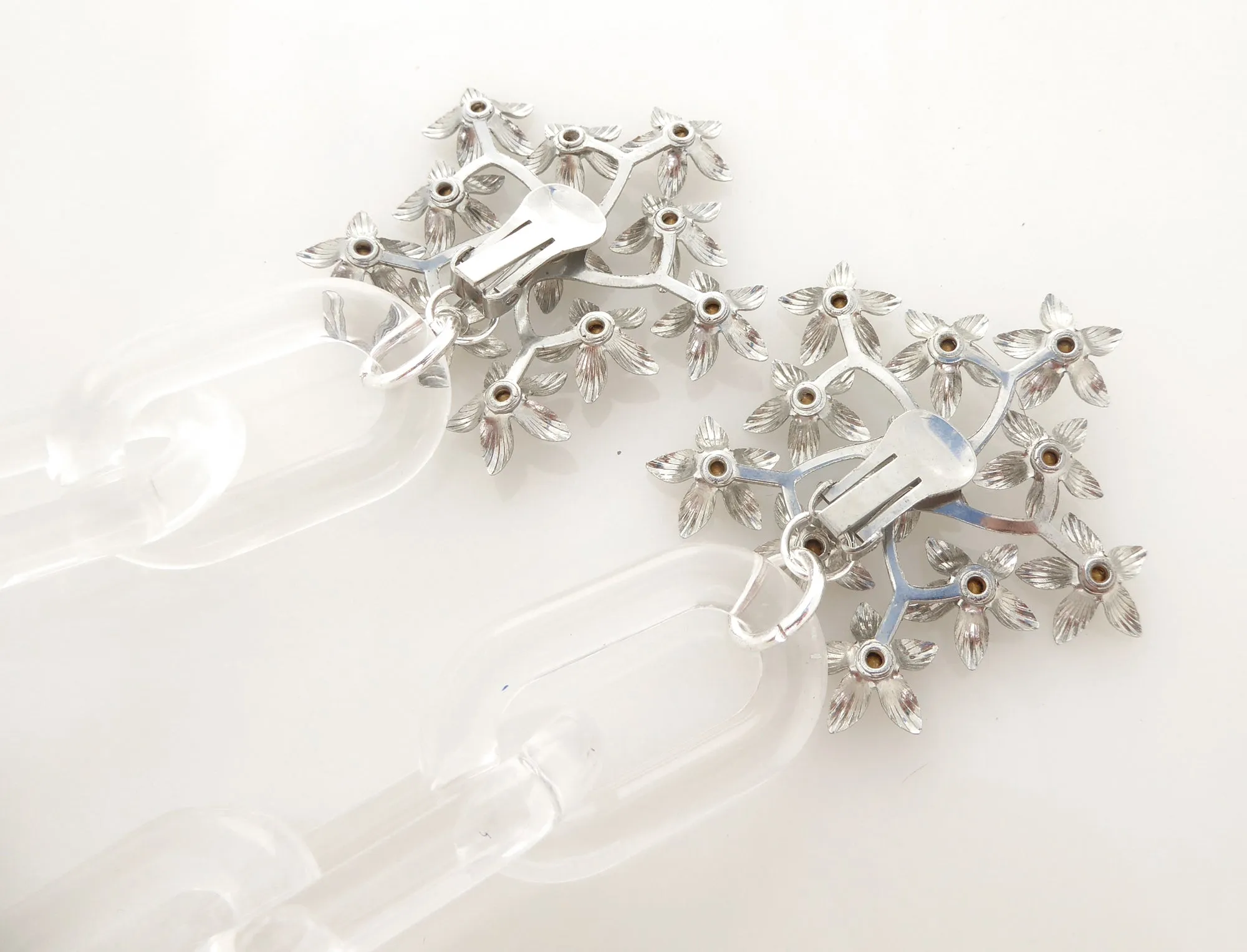 Silver flower and clear chain earrings